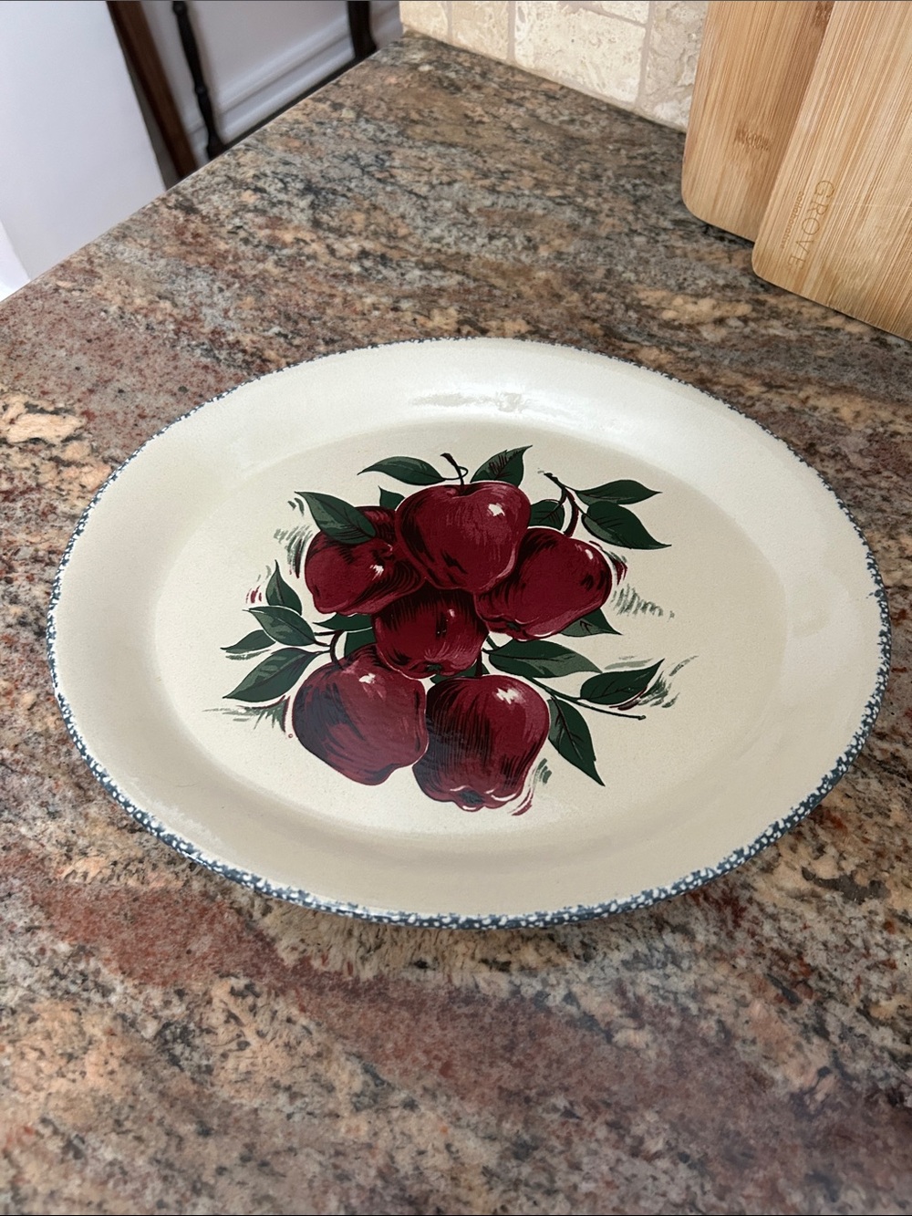 Cream 13” Platter w/Sponged Details, Red Apple Motif, and Green Leaves